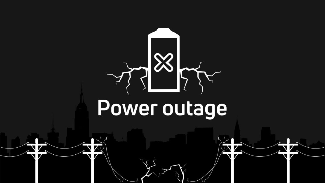 Black graphic with the words "power outage"